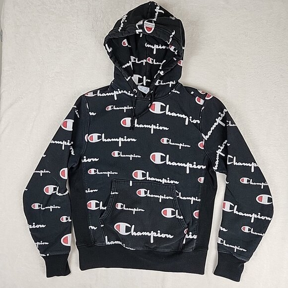 Vintage Reverse Weave Champion All Over Print Logo Black Hoodie Size Medium - Picture 1 of 13